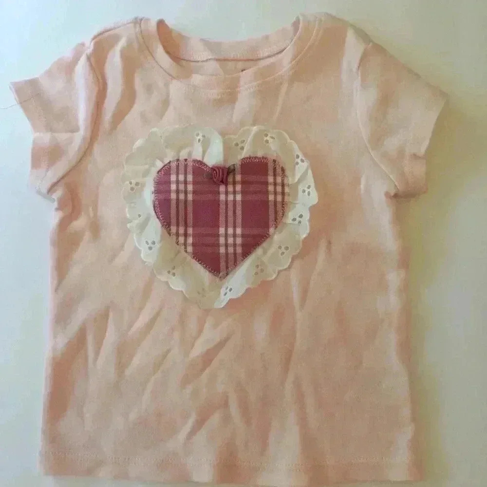 Handmade shirt embellished with heart plaid lace girls 13-18 months